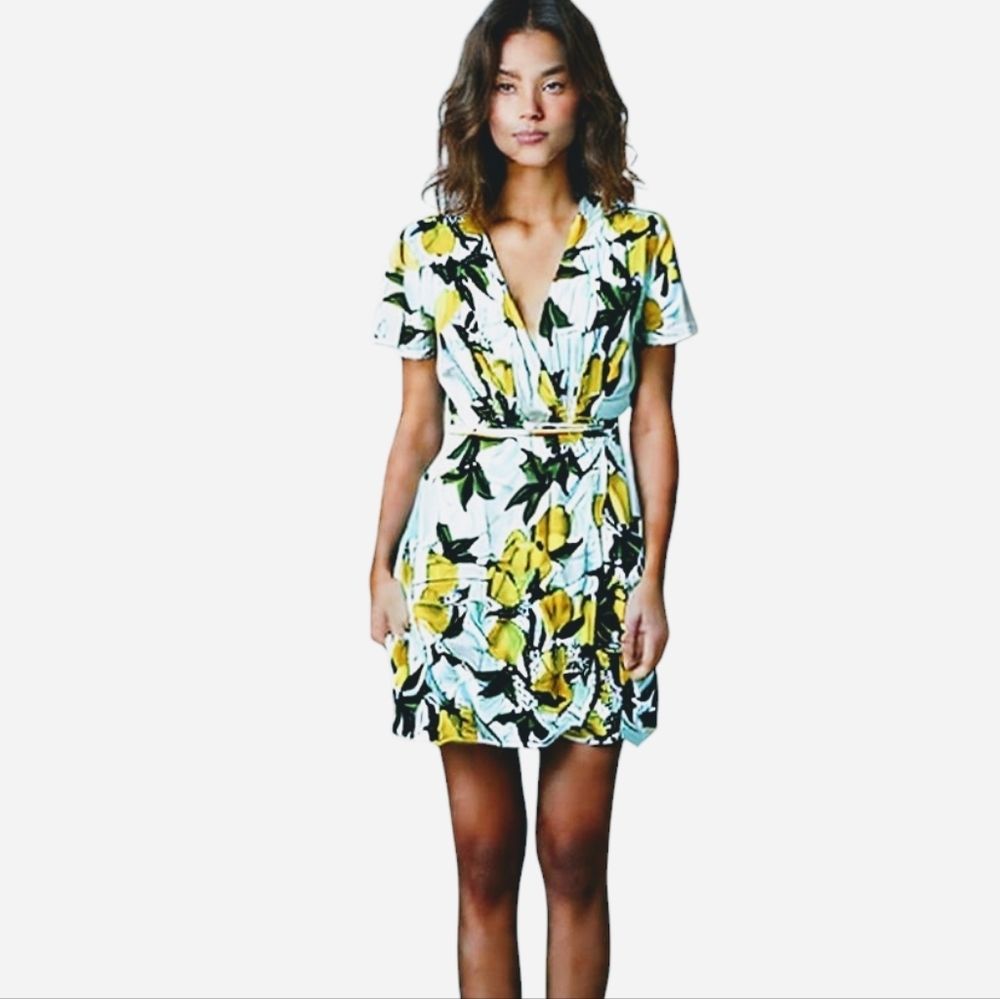 Lulus Lemon Print V Neck Short Sleeves Mini Wrap Dress S